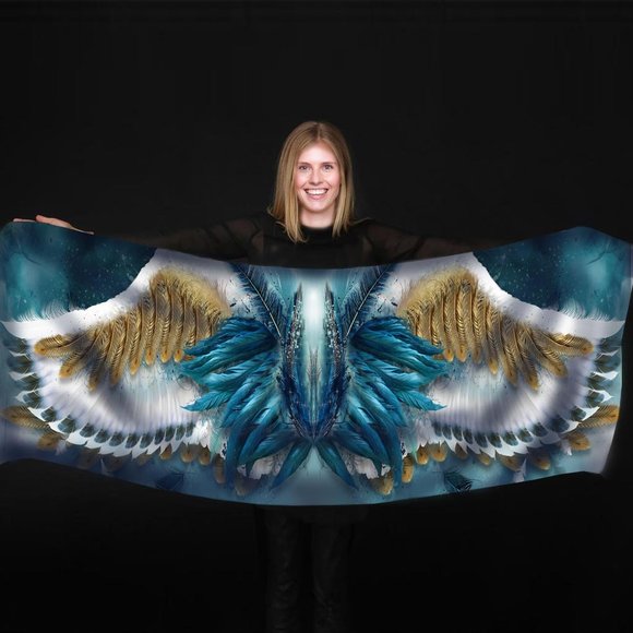 Blue & Gold Angel Feather Wings X-Long Crepe Scarf Wrap - Picture 6 of 13